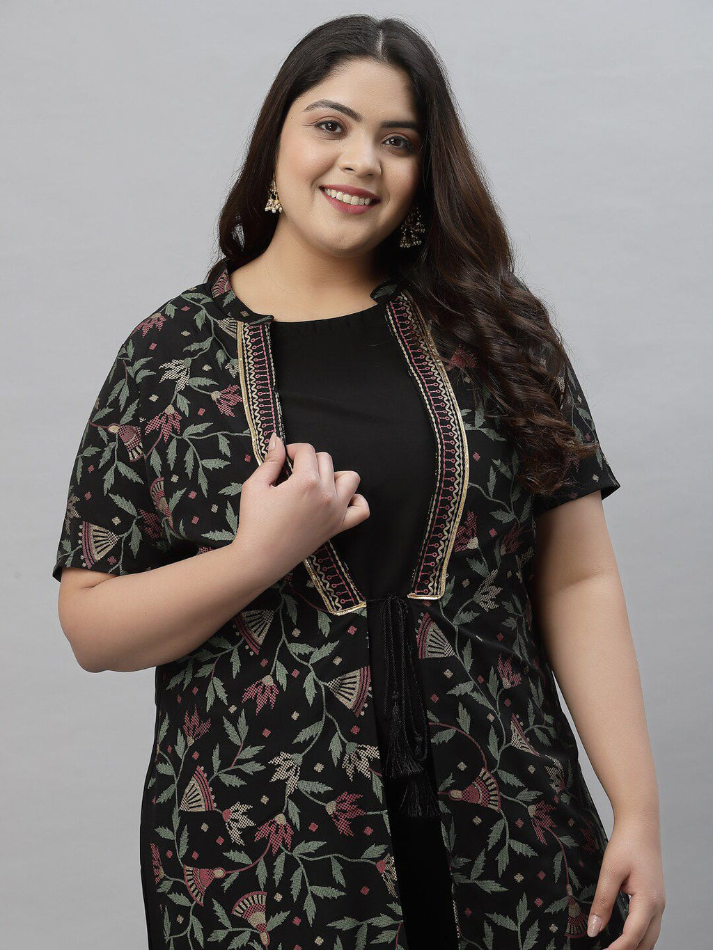 Sztori Plus Size Floral Printed Mandarin Collar Foil Printed A-Line Kurta With Trouser