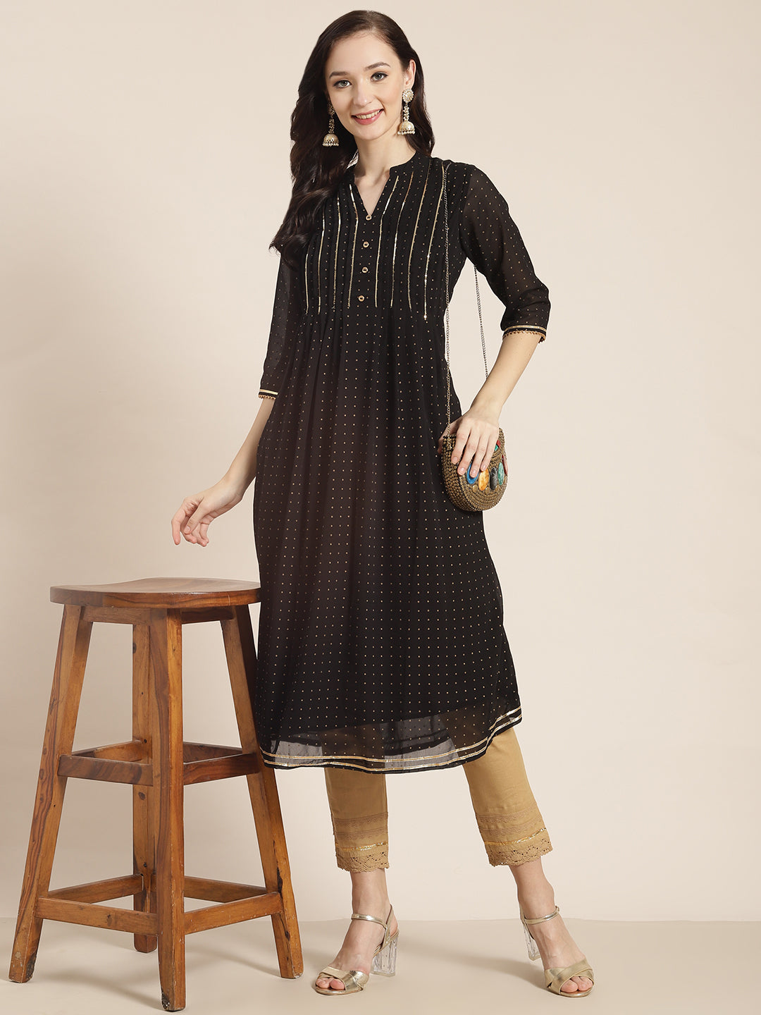 Juniper Womens Black Georgette Printed Pintucks A-Line Kurta