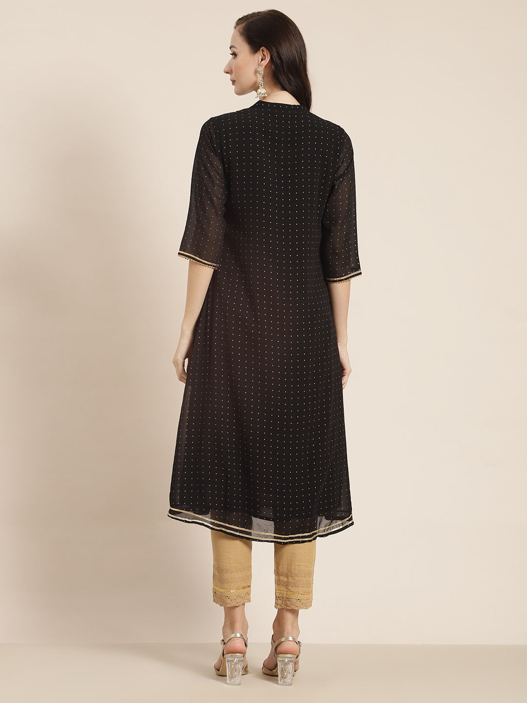 Juniper Womens Black Georgette Printed Pintucks A-Line Kurta
