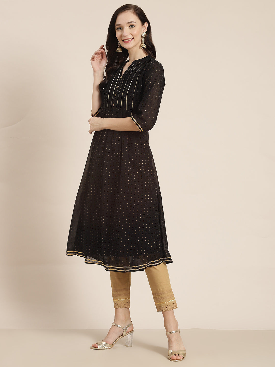 Juniper Womens Black Georgette Printed Pintucks A-Line Kurta