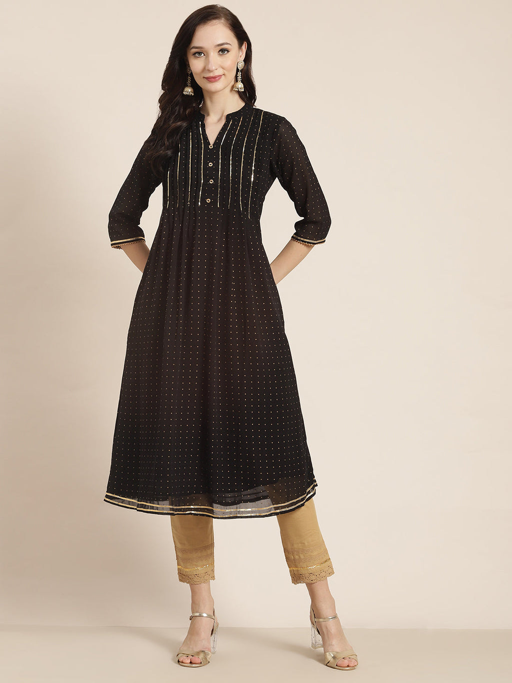 Juniper Womens Black Georgette Printed Pintucks A-Line Kurta