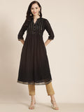 Juniper Womens Black Georgette Printed Pintucks A-Line Kurta