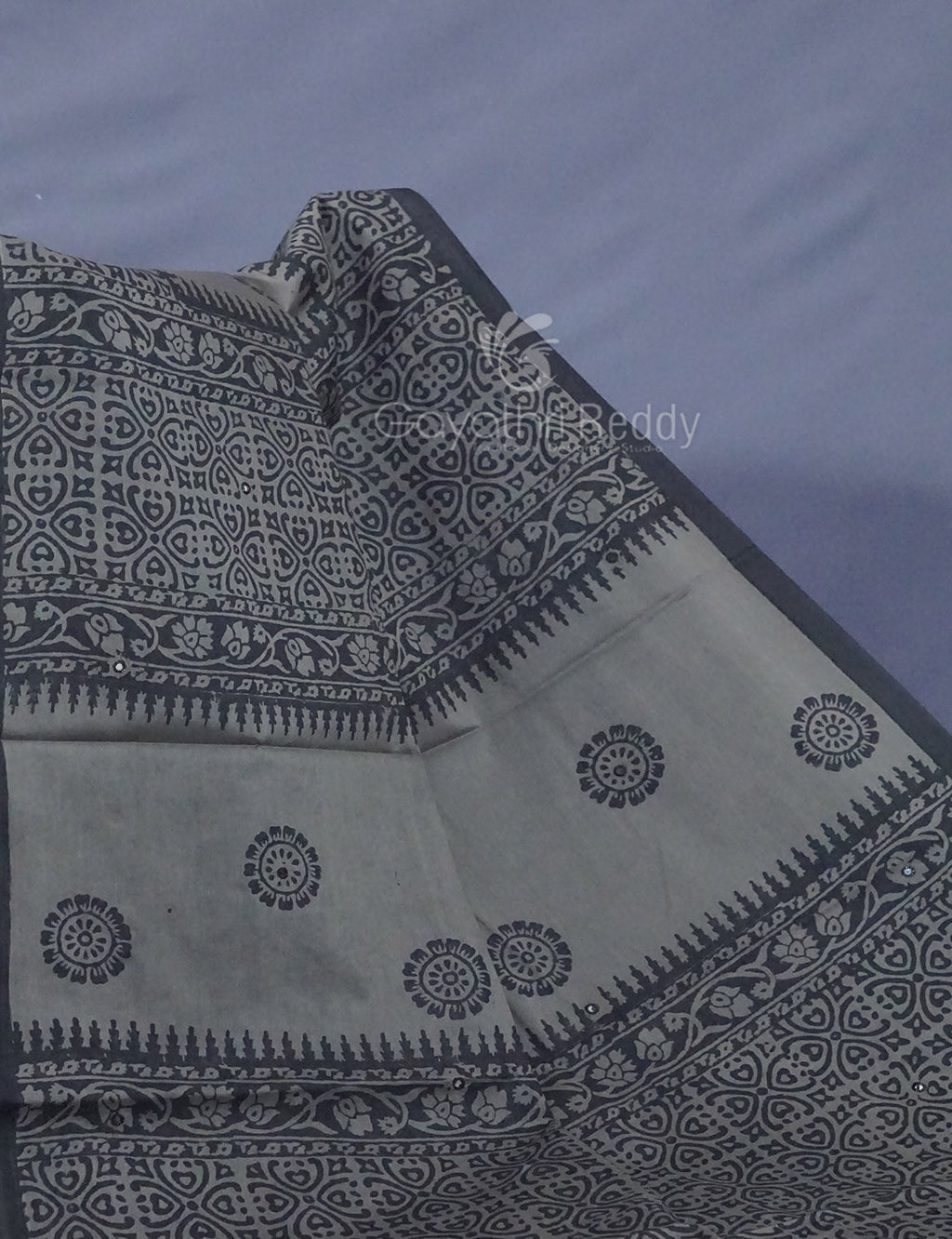 Grey Colour Block Print With Mirron Embroidered Pure Mulmul Cotton Saree By Gayathri Reddy Designer Studio