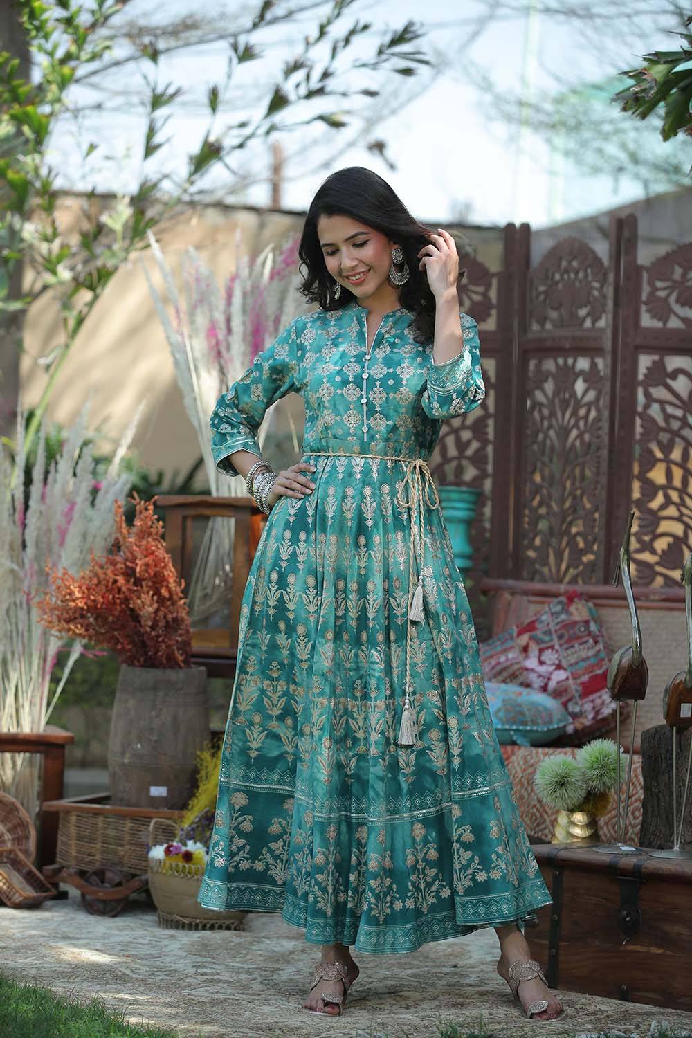 Juniper Women's Teal Rayon Printed Flared Dress