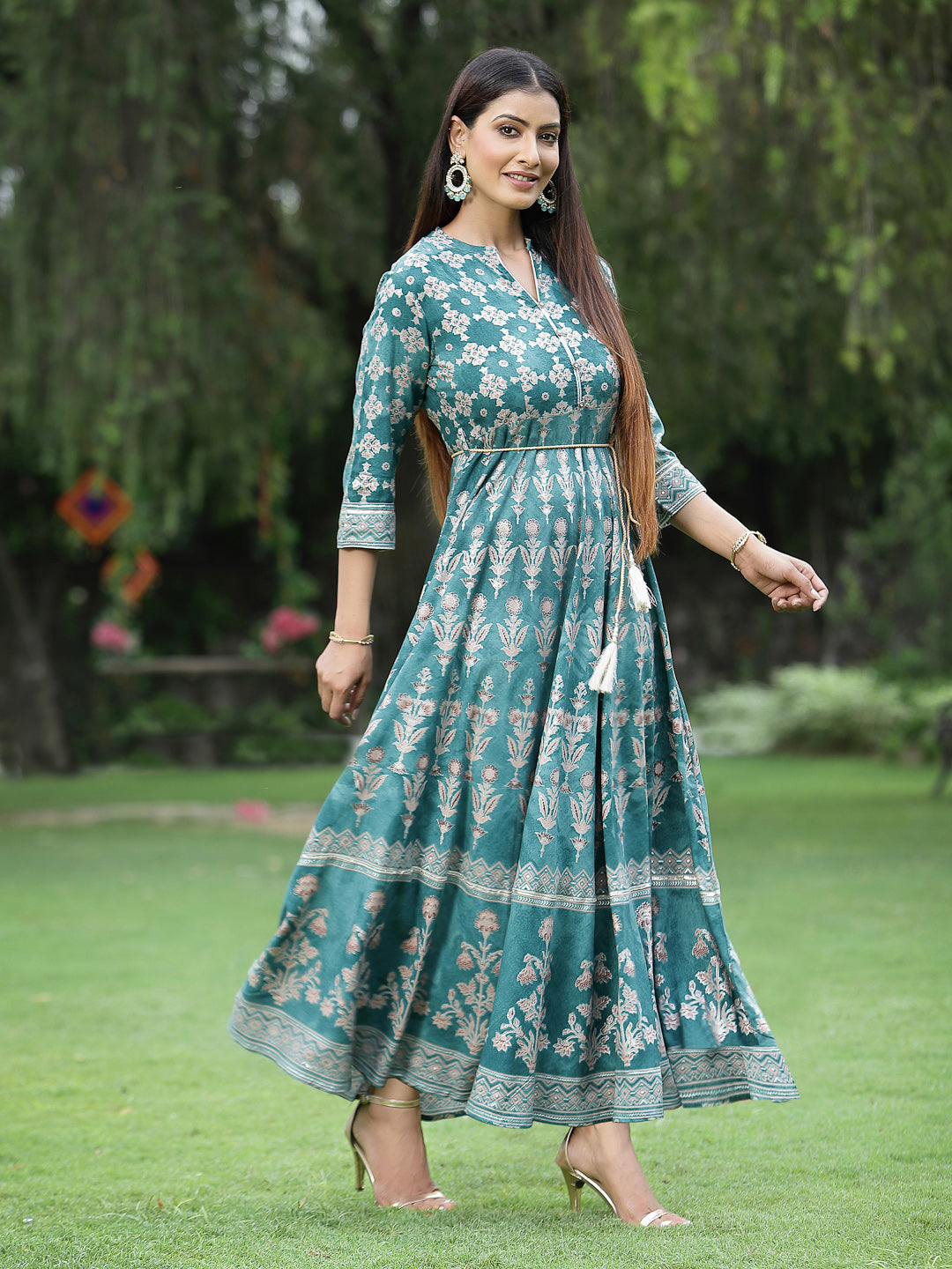 Juniper Womens Teal Floral Motifs Printed Maxi Dress