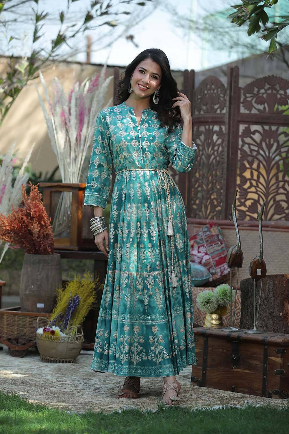 Juniper Women's Teal Rayon Printed Flared Dress