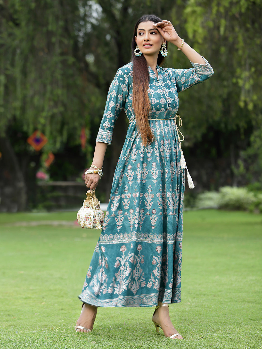 Juniper Womens Teal Floral Motifs Printed Maxi Dress