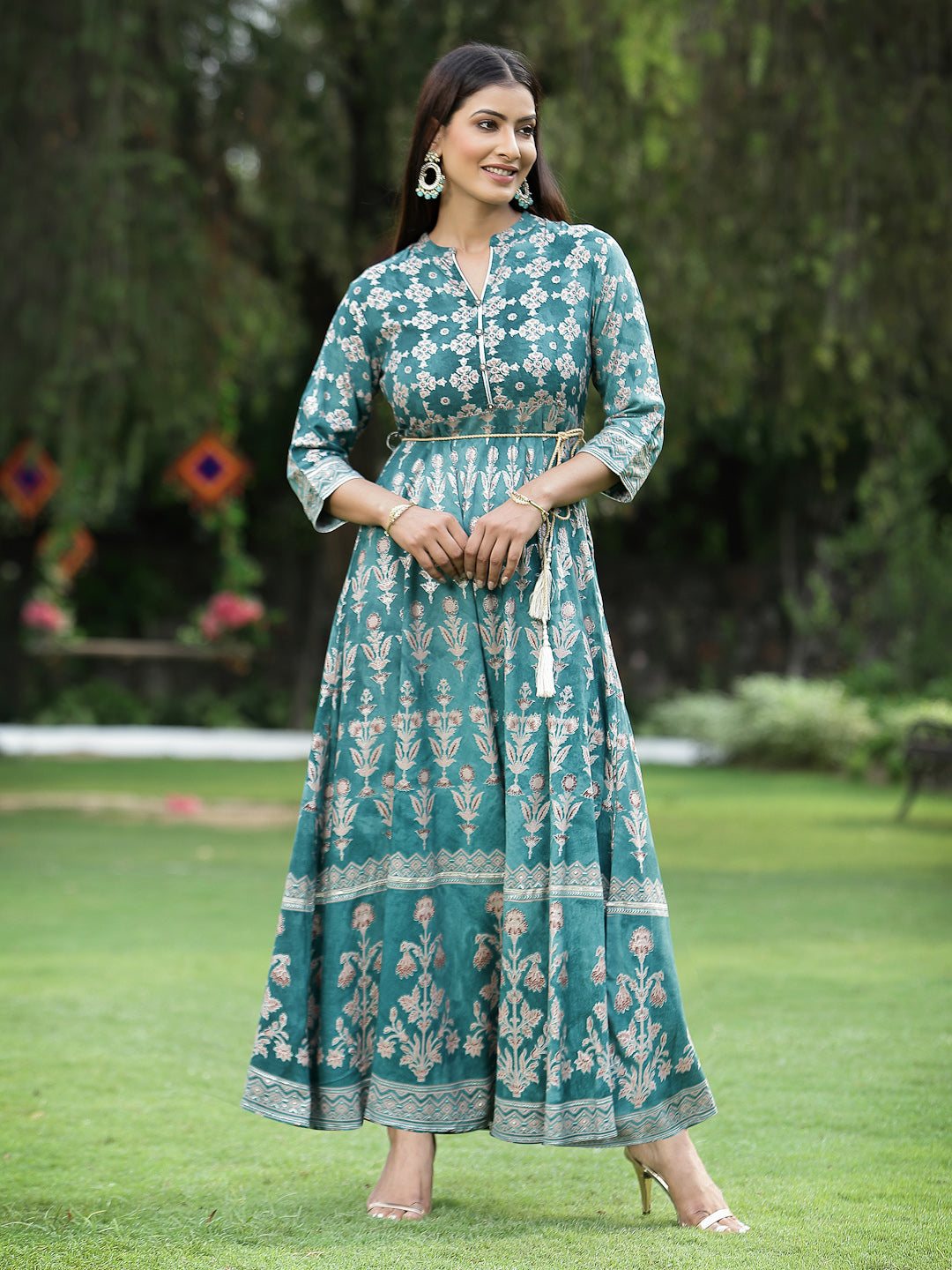 Juniper Womens Teal Floral Motifs Printed Maxi Dress
