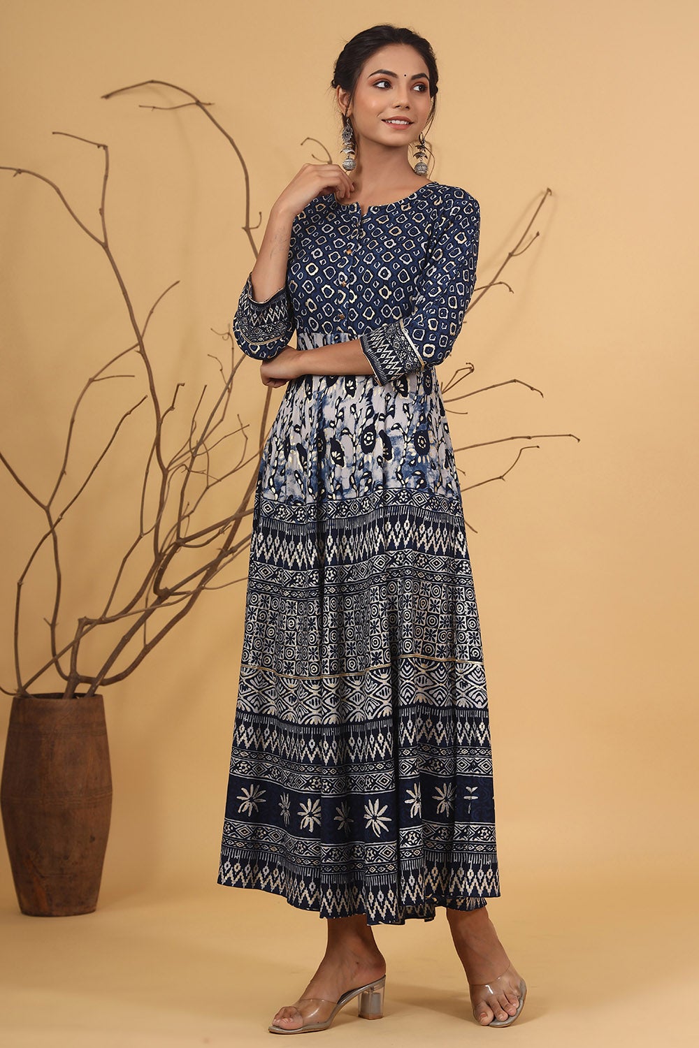 Juniper Women's Blue Rayon Printed Flared Dress