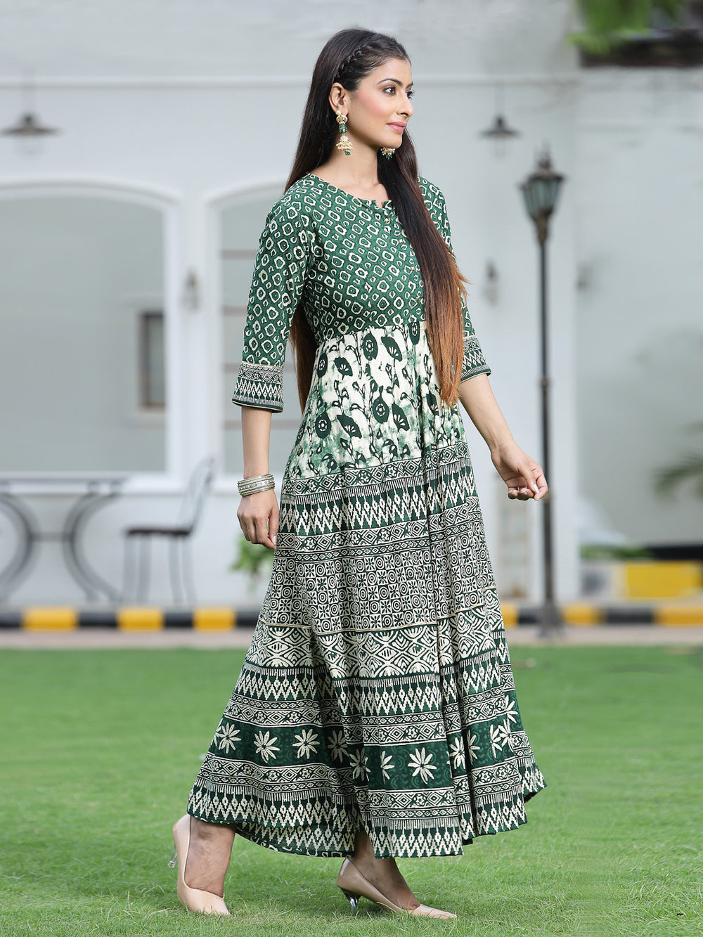Juniper Women's Green Rayon Printed Flared Dress