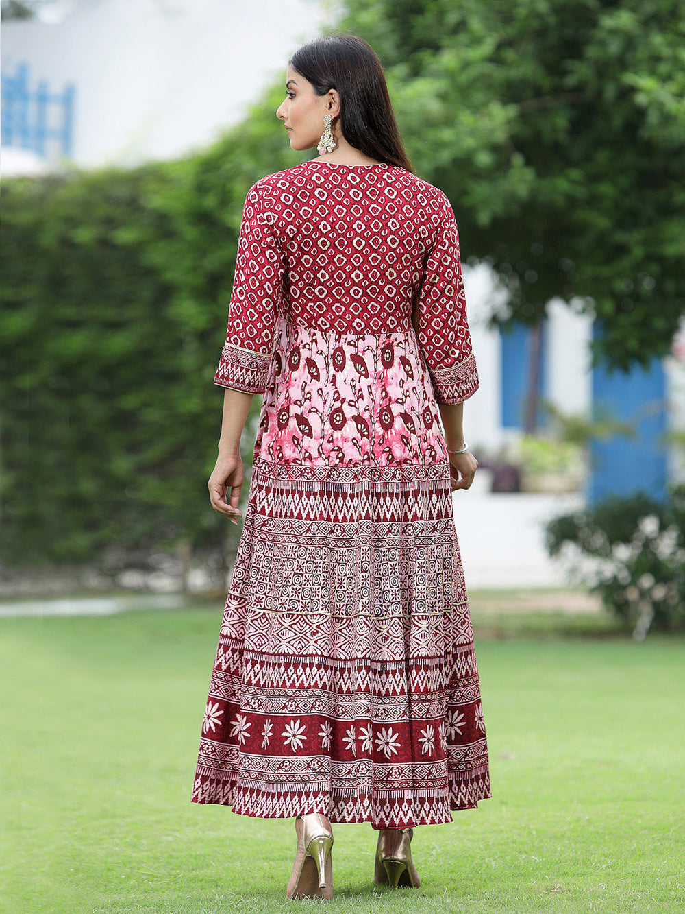 Juniper Women's Maroon Rayon Printed Flared Dress