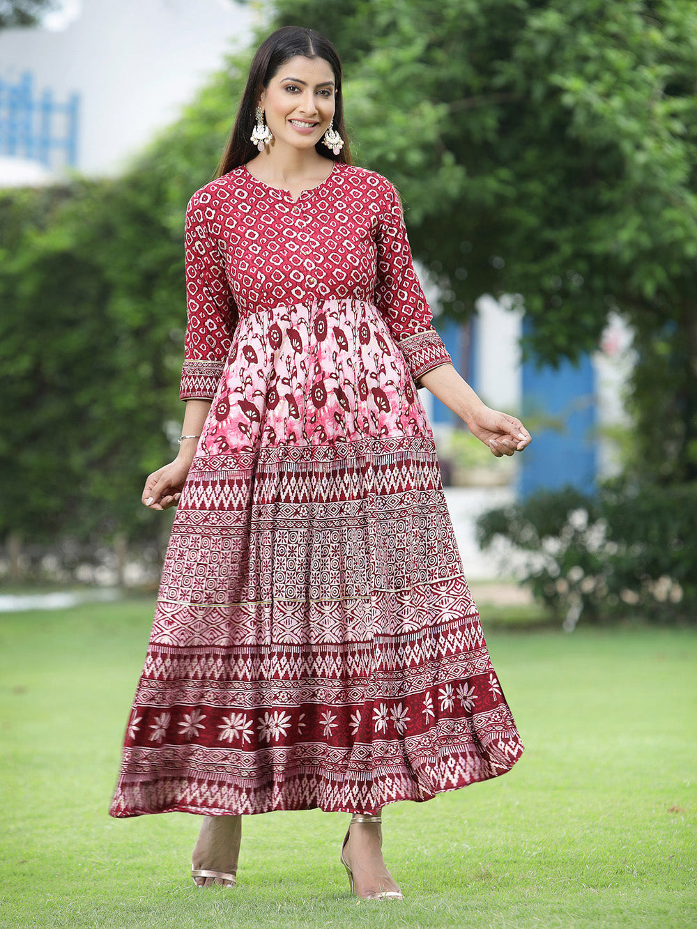 Juniper Women's Maroon Rayon Printed Flared Dress