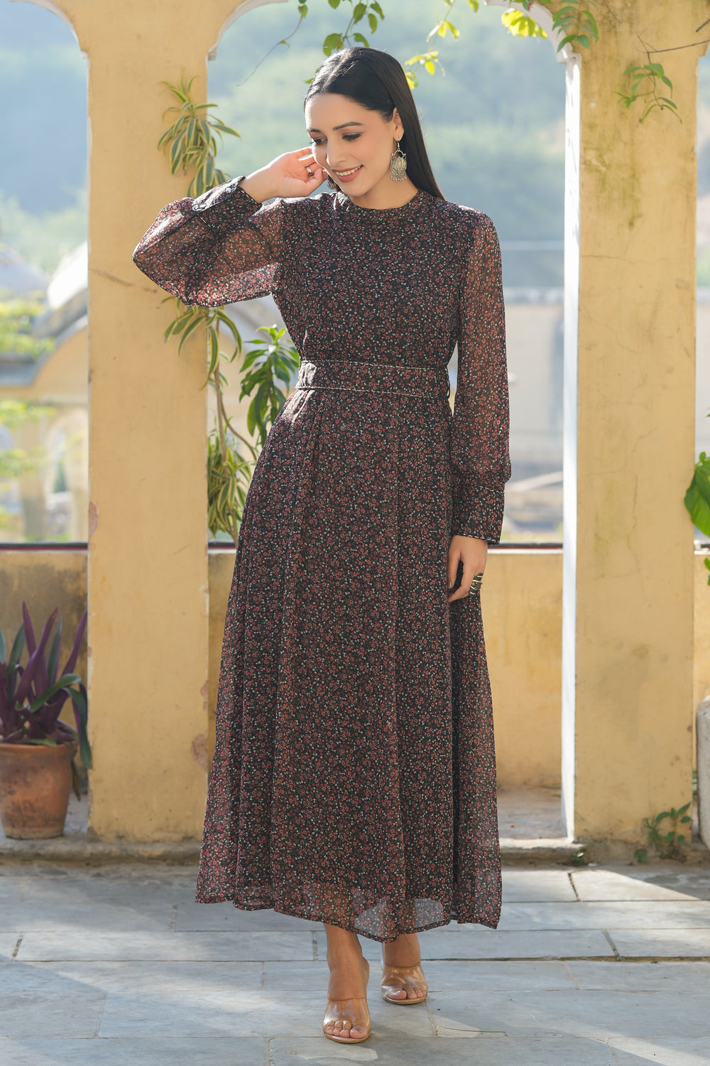 Juniper Women's Black Chiffon Printed Flared Dress