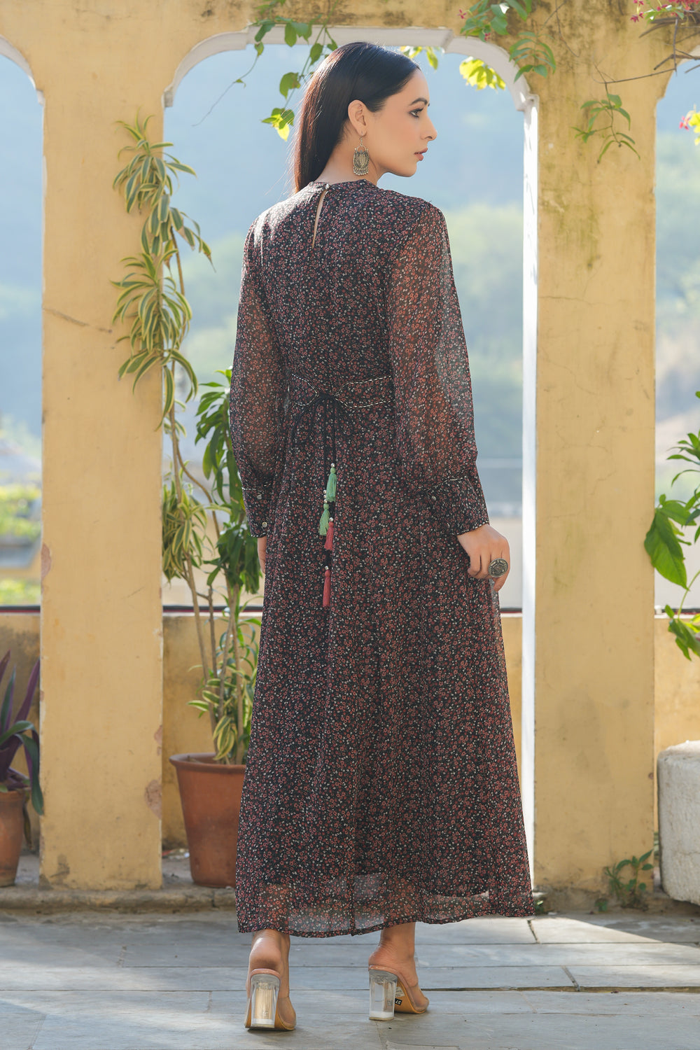 Juniper Women's Black Chiffon Printed Flared Dress