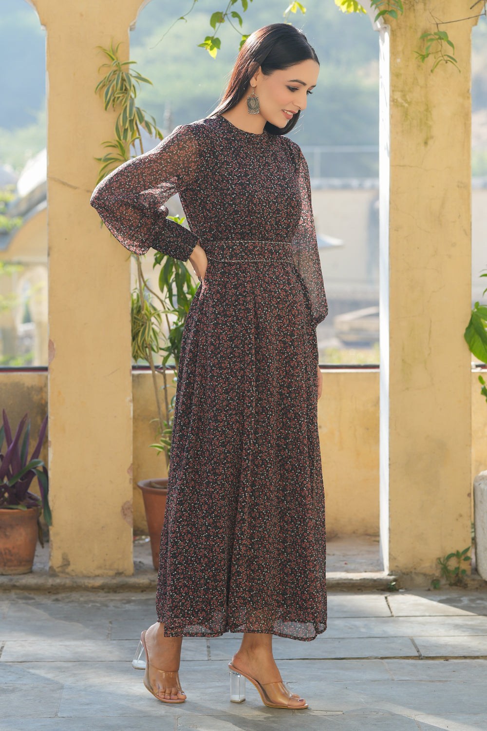 Juniper Women's Black Chiffon Printed Flared Dress