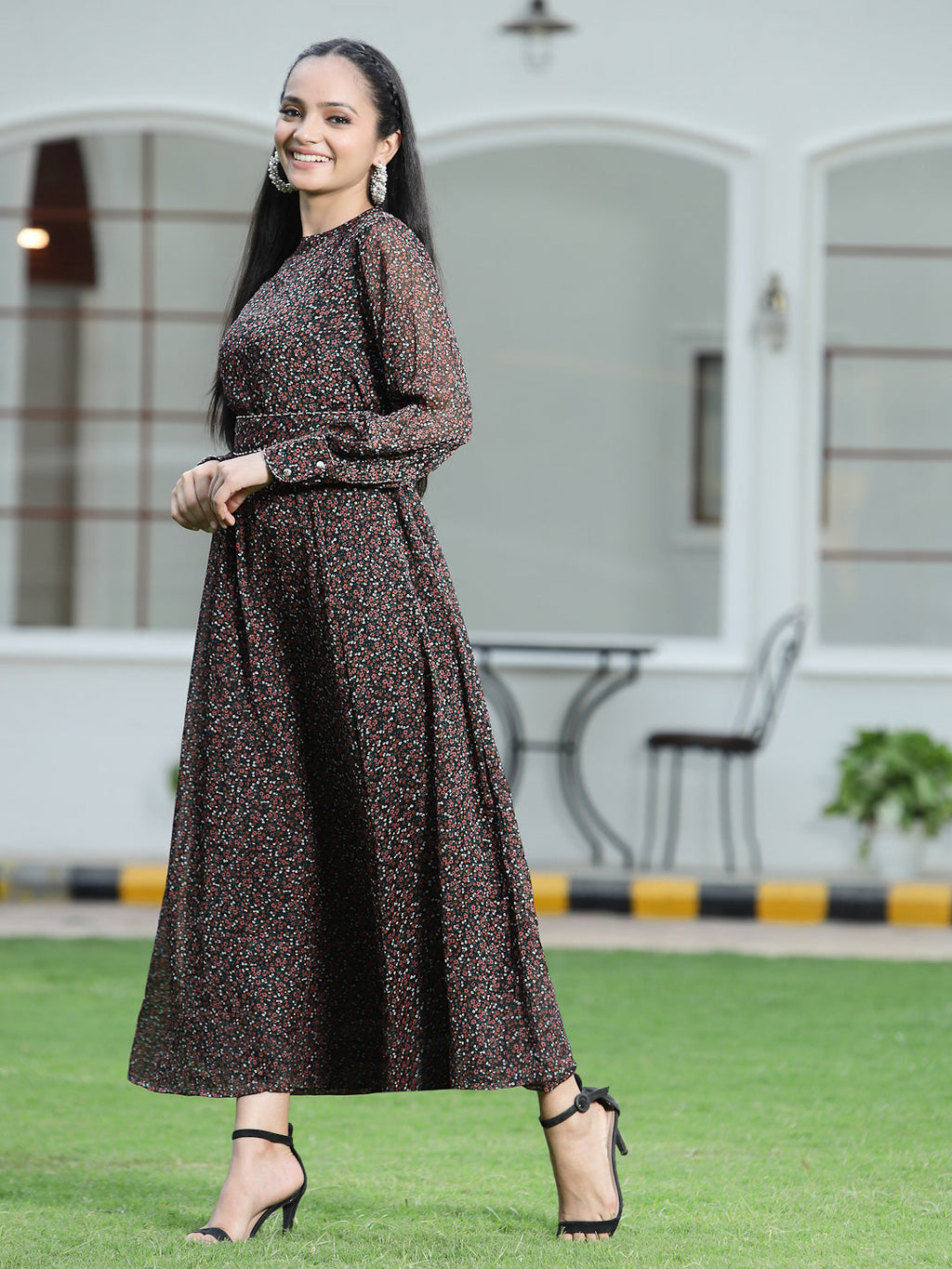 Juniper Womens Black Chiffon Digital Floral Printed Maxi Dress