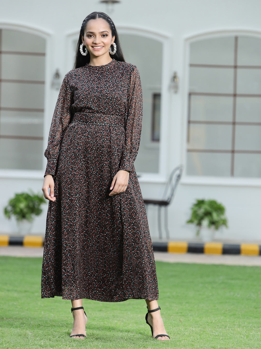 Juniper Womens Black Chiffon Digital Floral Printed Maxi Dress