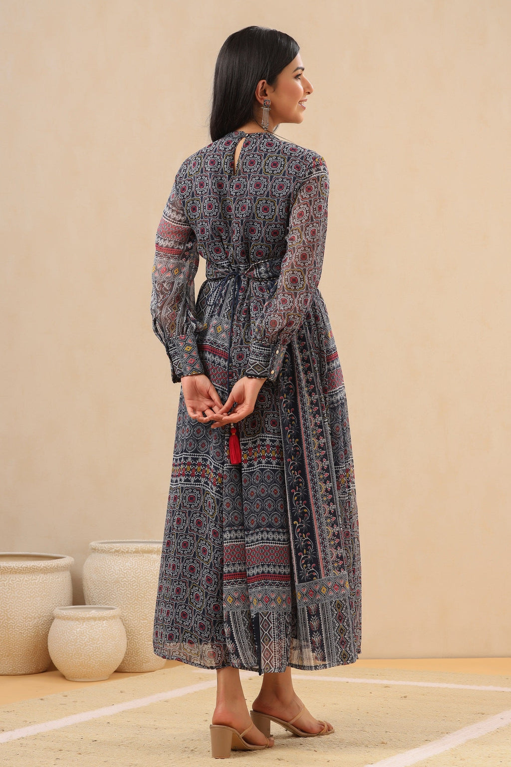 Juniper Womens Black Multi Color Geometric Digital Printed Maxi Dress With Bead Handwork