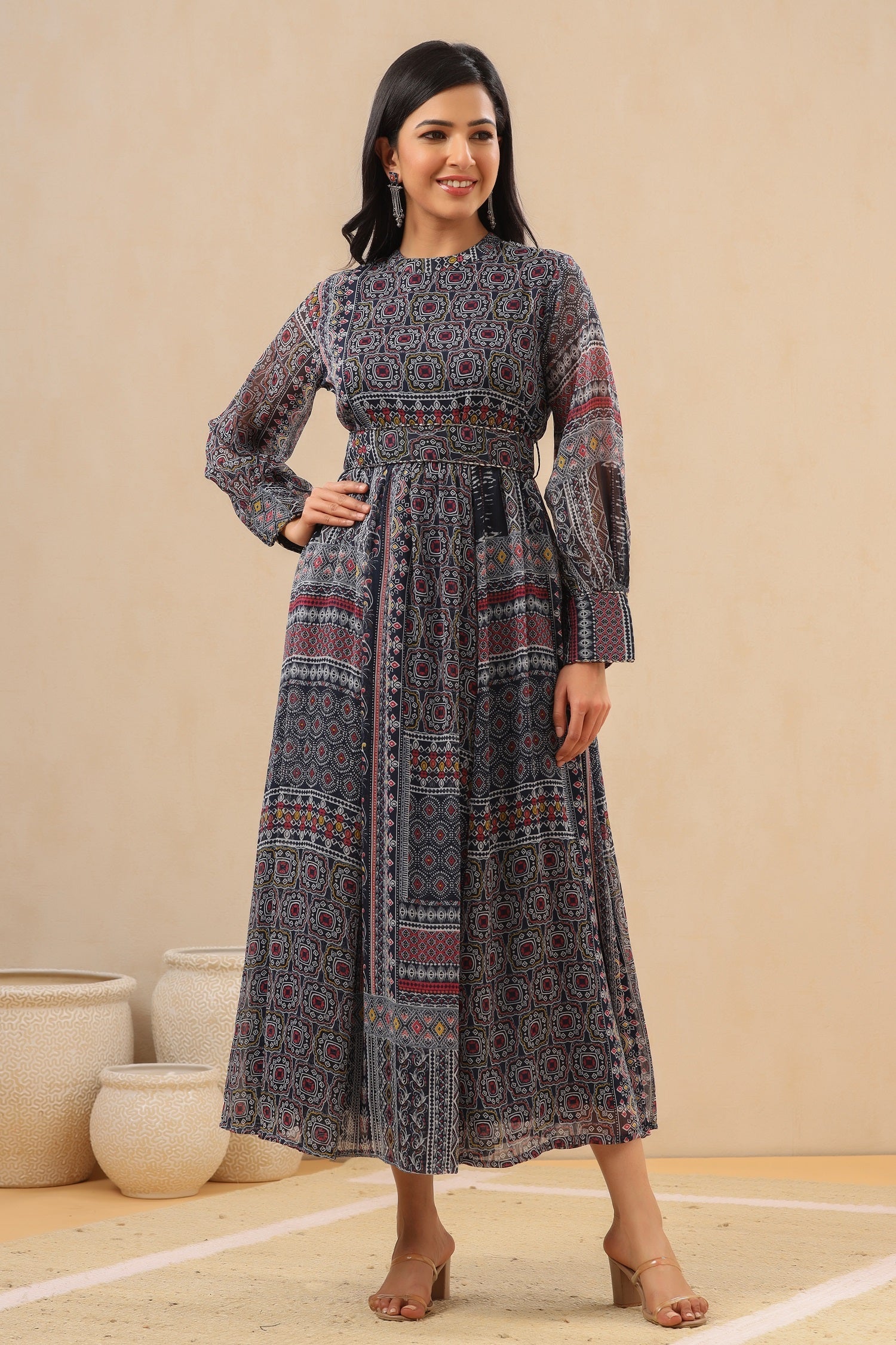 Juniper Womens Black Multi Color Geometric Digital Printed Maxi Dress With Bead Handwork