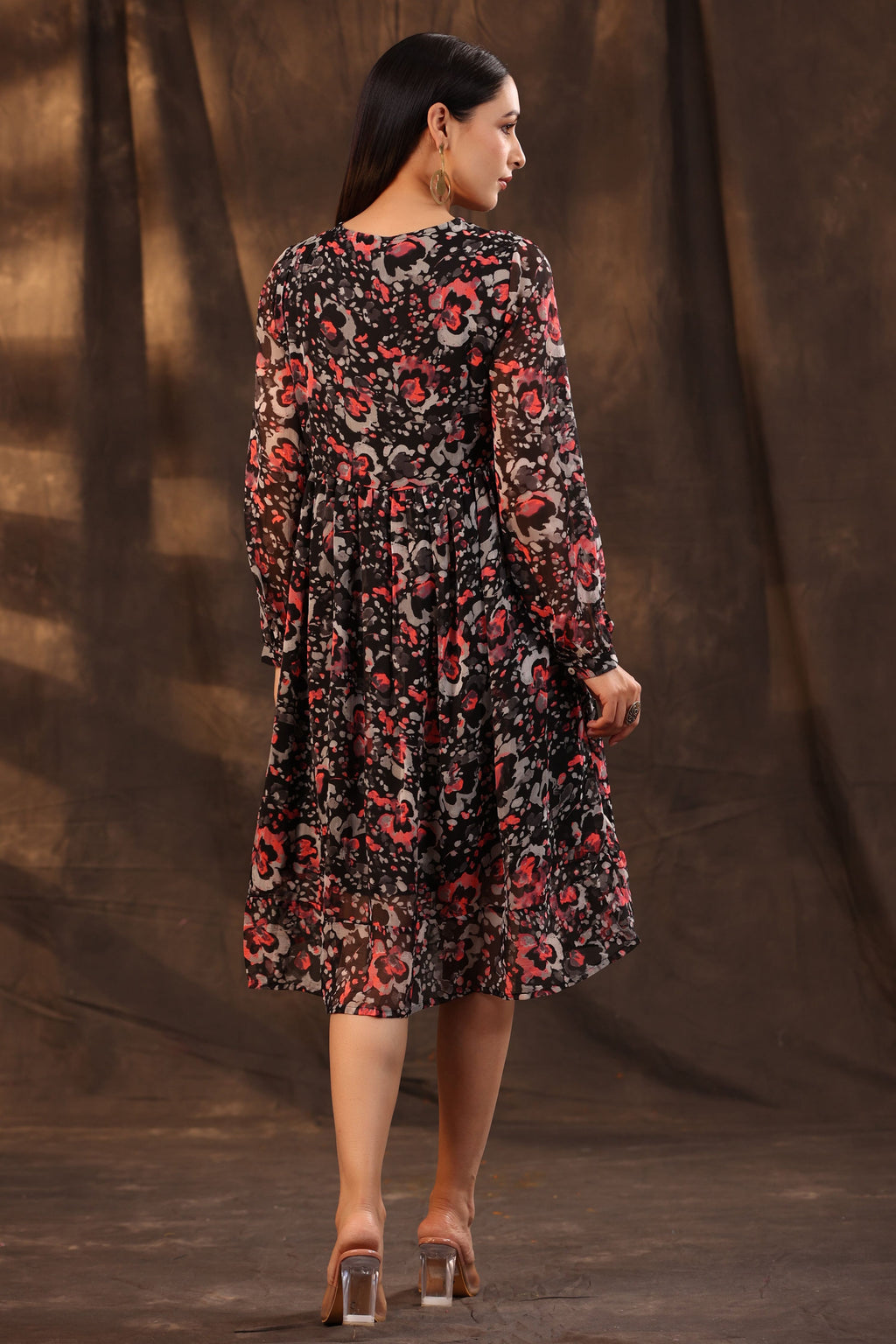 Juniper Women Black Chiffon Printed Flared Dress