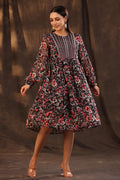 Juniper Women Black Chiffon Printed Flared Dress