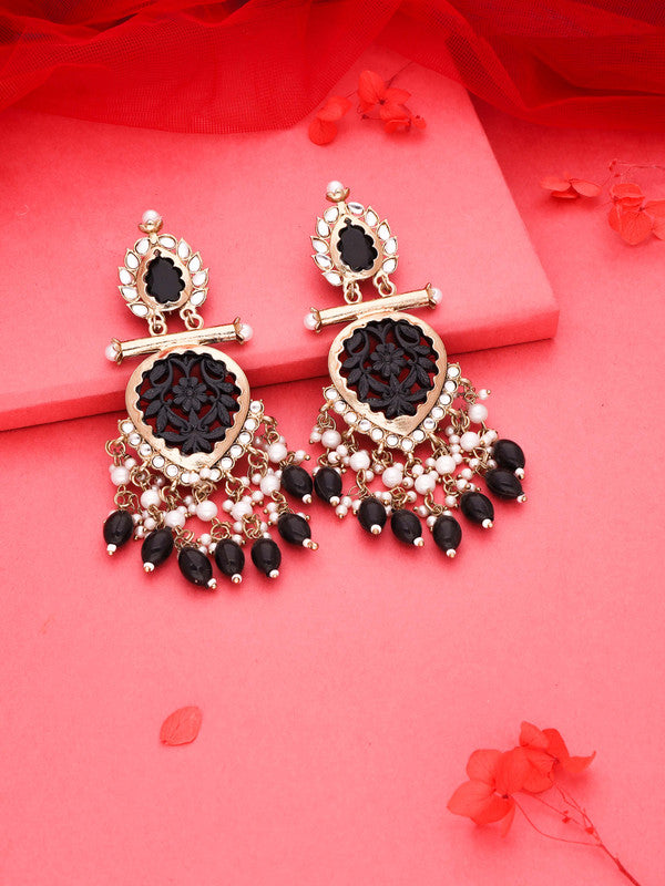 Tehzeeb Creations Latest Black Colour Gold Polish Kundan & Pearl Studded Designer Drop Long Earrings For Women And Girls Green