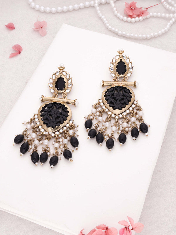 Tehzeeb Creations Latest Black Colour Gold Polish Kundan & Pearl Studded Designer Drop Long Earrings For Women And Girls Green