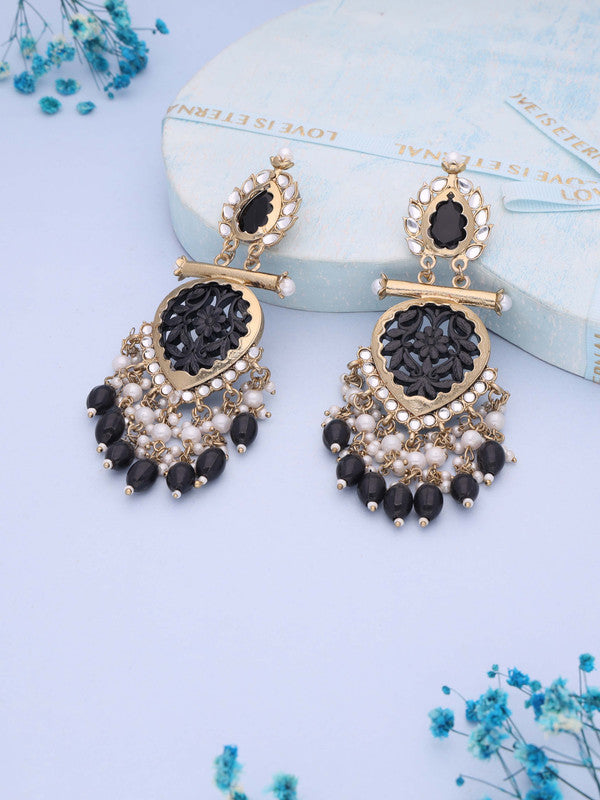 Tehzeeb Creations Latest Black Colour Gold Polish Kundan & Pearl Studded Designer Drop Long Earrings For Women And Girls Green