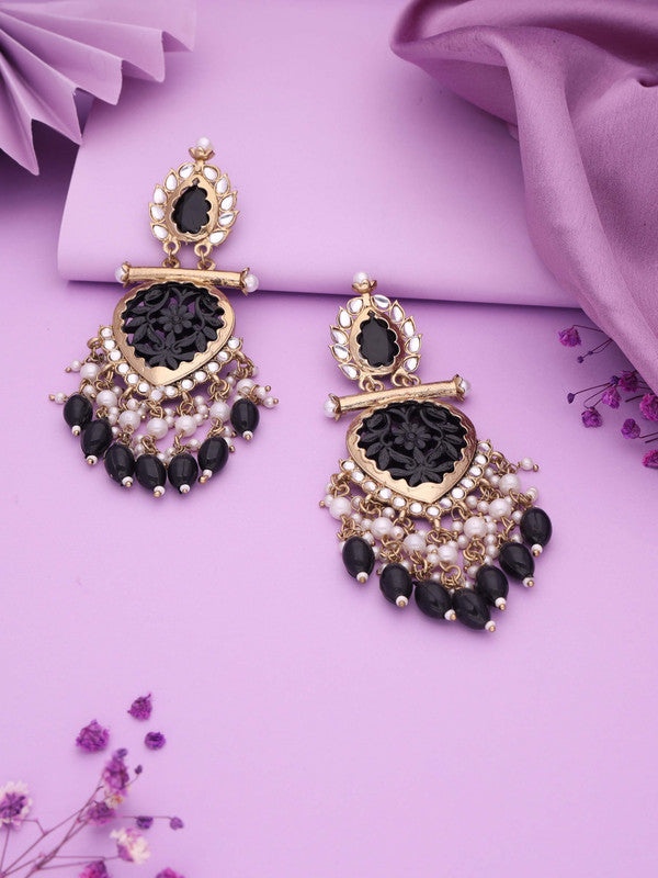 Tehzeeb Creations Latest Black Colour Gold Polish Kundan & Pearl Studded Designer Drop Long Earrings For Women And Girls Green
