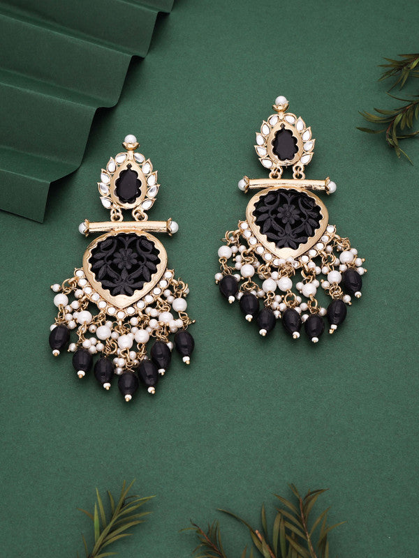 Tehzeeb Creations Latest Black Colour Gold Polish Kundan & Pearl Studded Designer Drop Long Earrings For Women And Girls Green