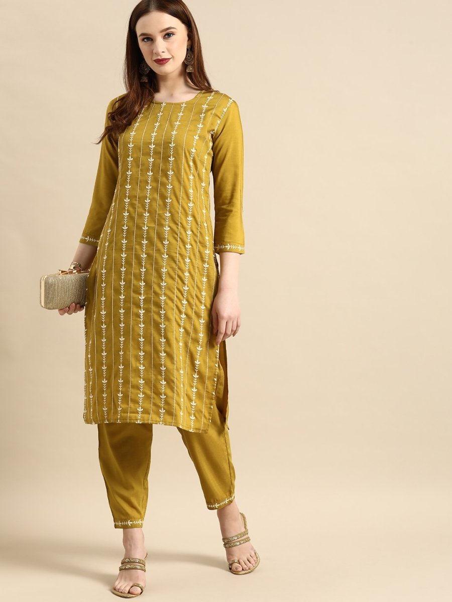 All About You Women Mustard Yellow Floral Embroidered Thread Work Kurta with Trousers