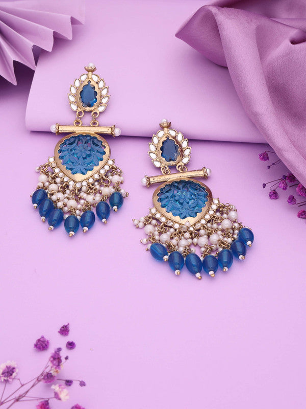 Tehzeeb Creations Latest Blue Colour Gold Polish Kundan & Pearl Studded Designer Drop Long Earrings For Women And Girls Maroon