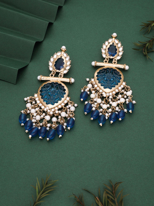 Tehzeeb Creations Latest Blue Colour Gold Polish Kundan & Pearl Studded Designer Drop Long Earrings For Women And Girls Maroon