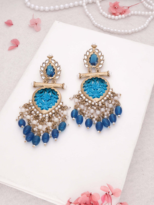 Tehzeeb Creations Latest Blue Colour Gold Polish Kundan & Pearl Studded Designer Drop Long Earrings For Women And Girls Maroon
