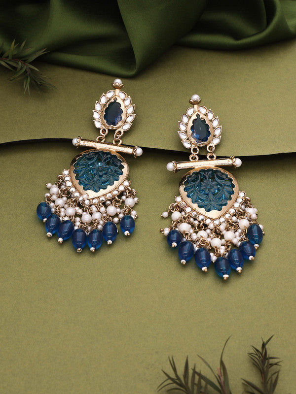 Tehzeeb Creations Latest Blue Colour Gold Polish Kundan & Pearl Studded Designer Drop Long Earrings For Women And Girls Maroon