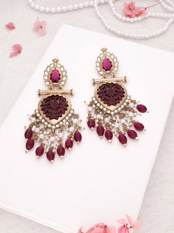 Tehzeeb Creations Latest Rani Pink Gold Polish Kundan & Pearl Studded Designer Drop Long Earrings For Women And Girls Lavender