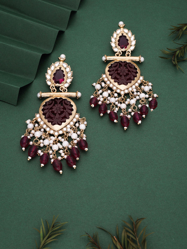 Tehzeeb Creations Latest Rani Pink Gold Polish Kundan & Pearl Studded Designer Drop Long Earrings For Women And Girls Lavender