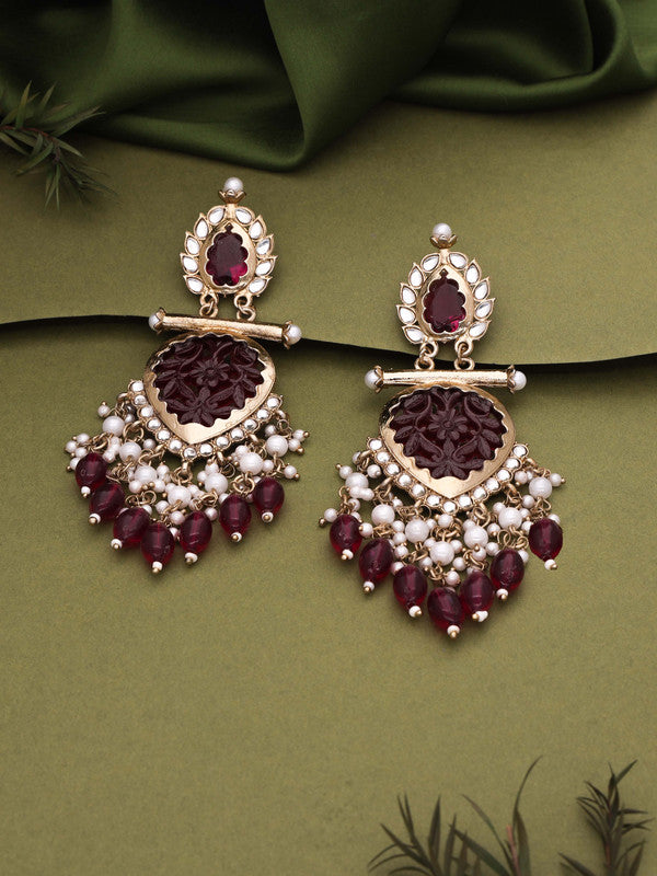 Tehzeeb Creations Latest Rani Pink Gold Polish Kundan & Pearl Studded Designer Drop Long Earrings For Women And Girls Lavender