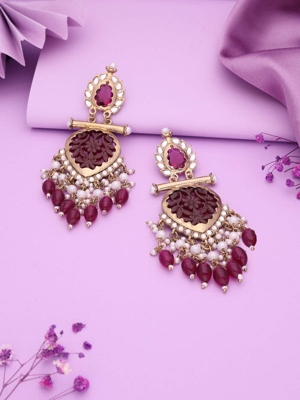 Tehzeeb Creations Latest Rani Pink Gold Polish Kundan & Pearl Studded Designer Drop Long Earrings For Women And Girls Lavender