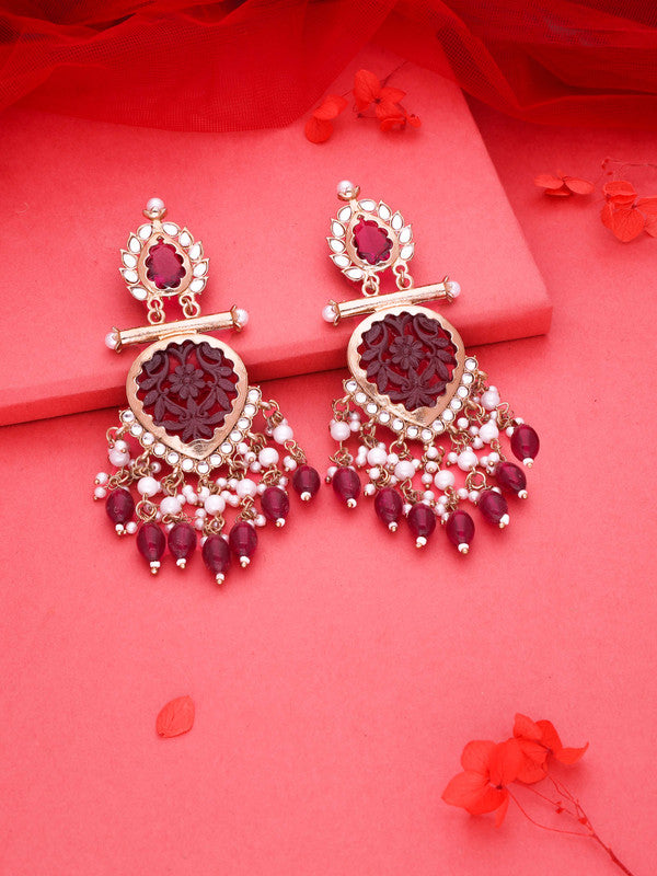 Tehzeeb Creations Latest Rani Pink Gold Polish Kundan & Pearl Studded Designer Drop Long Earrings For Women And Girls Lavender