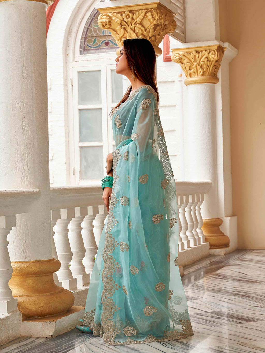 Tikhi Imli Ethnic Motifs Embroidery Organza Heavy Work Saree