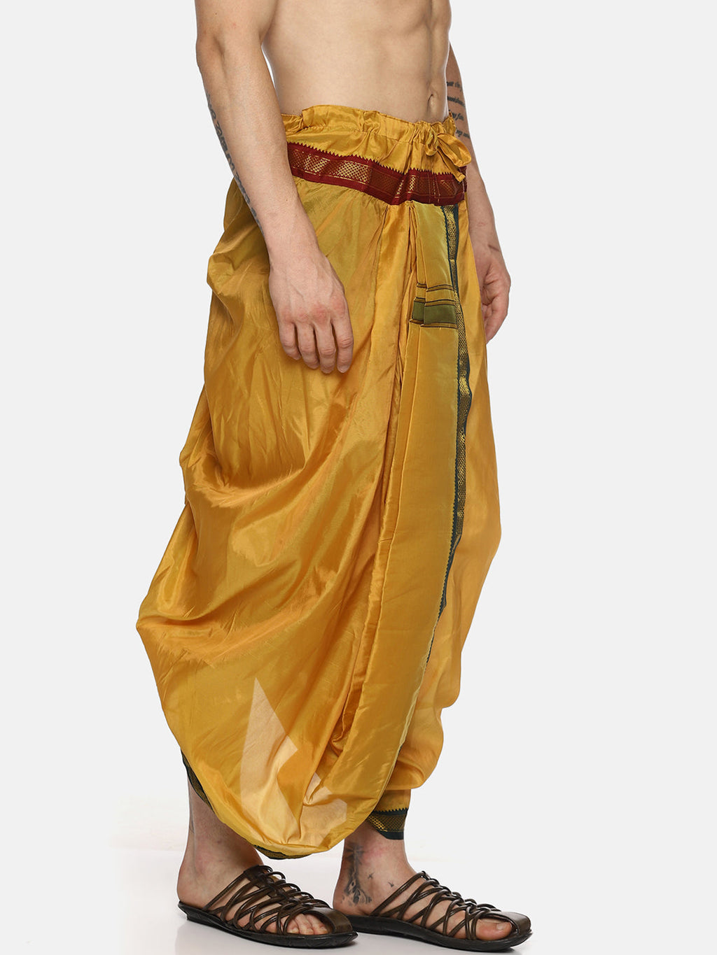 Sethukrishna Men Mustard Yellow Solid Readymade Dhoti Pants With Angavastram
