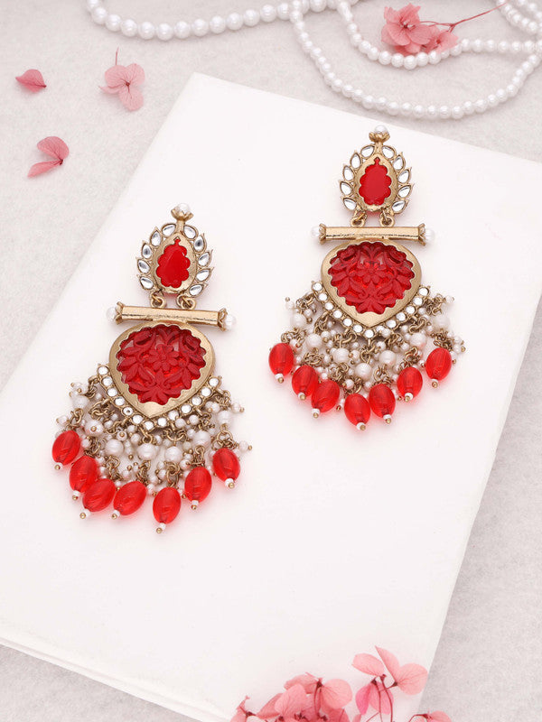 Tehzeeb Creations Latest Red Colour Gold Polish Kundan & Pearl Studded Designer Drop Long Earrings For Women And Girls Yellow