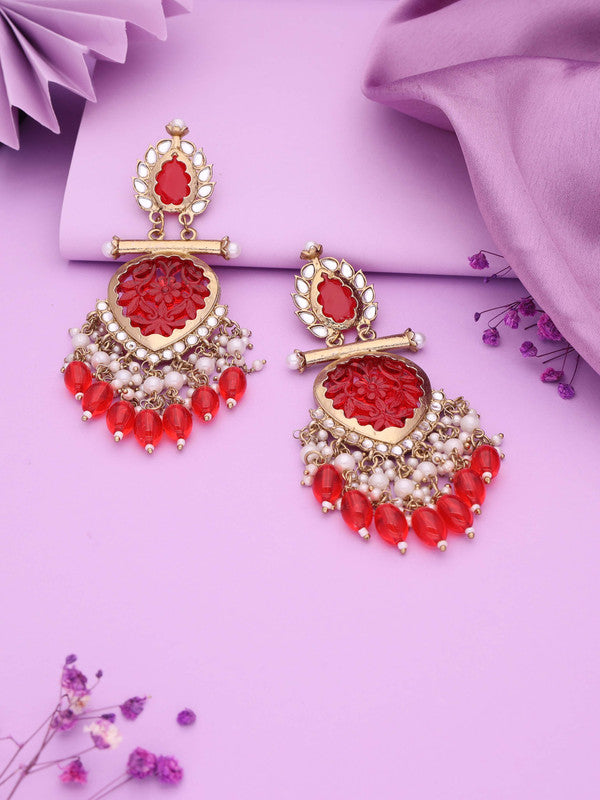 Tehzeeb Creations Latest Red Colour Gold Polish Kundan & Pearl Studded Designer Drop Long Earrings For Women And Girls Yellow