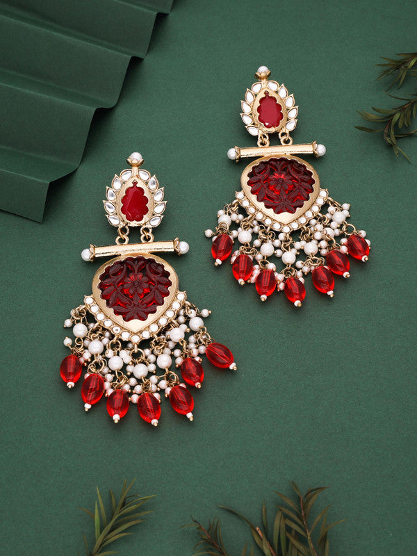 Tehzeeb Creations Latest Red Colour Gold Polish Kundan & Pearl Studded Designer Drop Long Earrings For Women And Girls Yellow