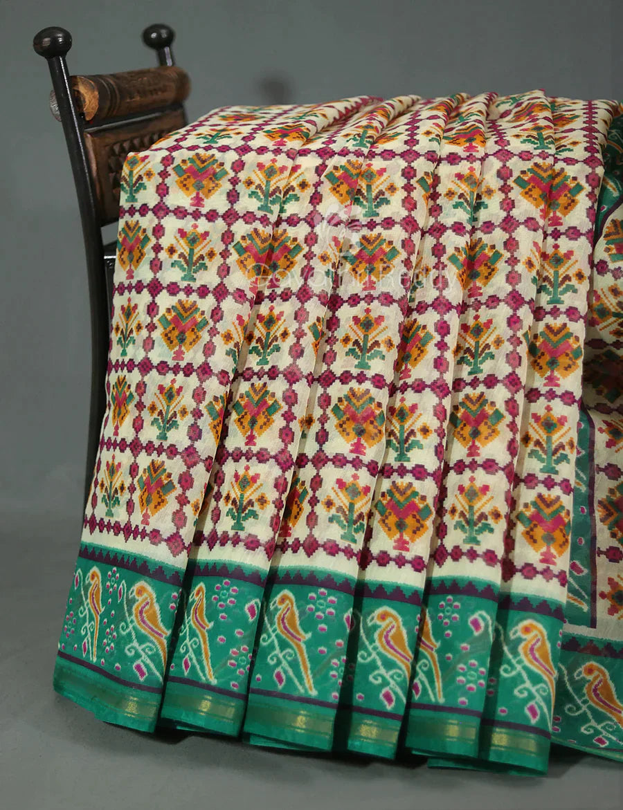 Vibrant Shades of Cream Patola Print Semi Chanderi Saree By Gayathri Reddy Designer Studio