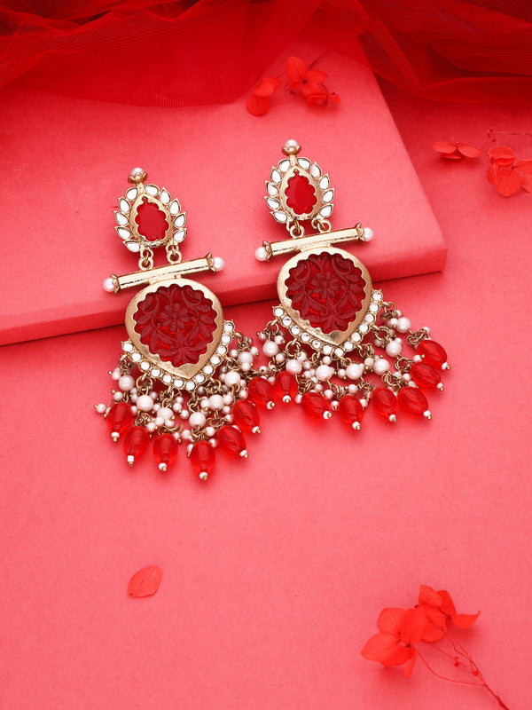 Tehzeeb Creations Latest Red Colour Gold Polish Kundan & Pearl Studded Designer Drop Long Earrings For Women And Girls Yellow