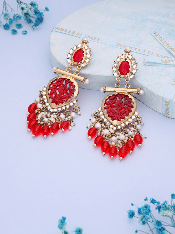 Tehzeeb Creations Latest Red Colour Gold Polish Kundan & Pearl Studded Designer Drop Long Earrings For Women And Girls Yellow