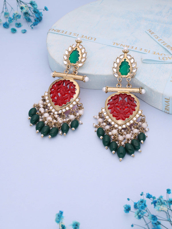 Tehzeeb Creations Latest Red & Green Colour Gold Polish Kundan & Pearl Studded Designer Drop Long Earrings For Women And Girls Yellow