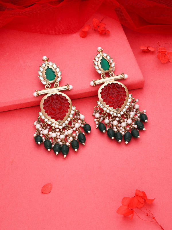 Tehzeeb Creations Latest Red & Green Colour Gold Polish Kundan & Pearl Studded Designer Drop Long Earrings For Women And Girls Yellow
